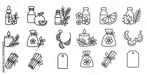 Set of black and white icons for various scents and aromas. The icons include a candle, a bottle of perfume, a bag, and a leaf. Scene is calming and relaxing