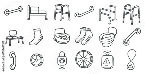 Collection of items that are related to the elderly and handicapped. The items include a bed, a walker, a toilet, a bed rail, a wheelchair, a bedside commode, a bedside commode alarm