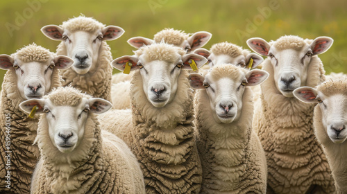 A close-up portrait of a flock of sheep, all staring intently in the same direction, captured in soft natural light—expressive faces, textured wool, and unified gaze create a calm, rural charm...