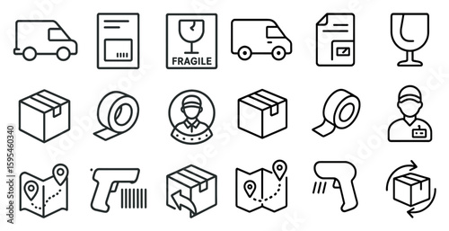 Set of icons for a delivery service. The icons include a truck, a box, a man, a gun, a box with a fragile sticker, a box with a tape, a box with a man, a box with a man