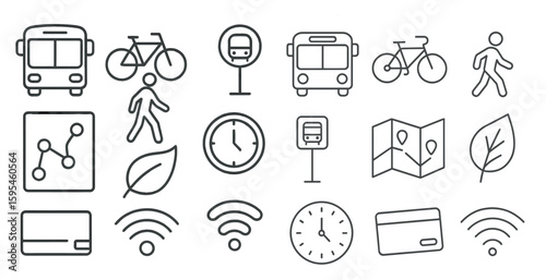 Collection of icons for public transportation, including buses, bicycles, and pedestrians. The icons are arranged in a grid, with some overlapping and others standing alone