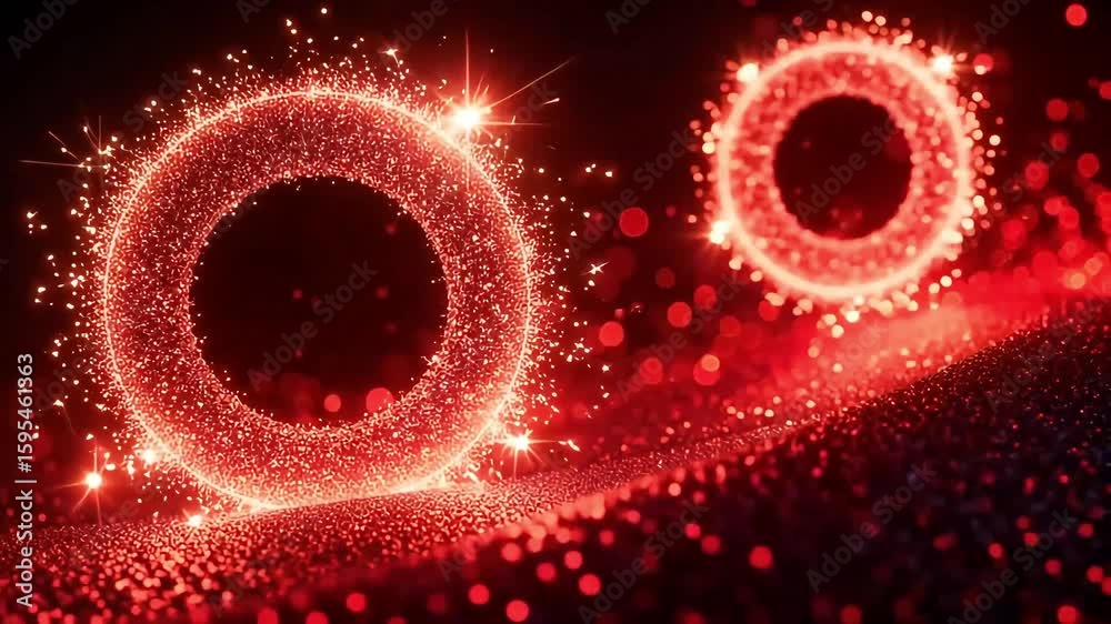 Abstract red light streaks and bokeh with a shimmering effect against black background