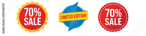 Three vibrant sale badges showcase a seventy percent discount and limited edition offer.
