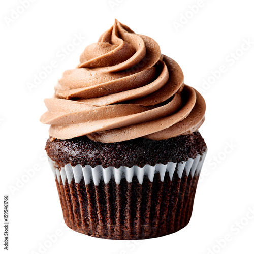 Delicious chocolate cupcake with swirled frosting isolated on transparent background