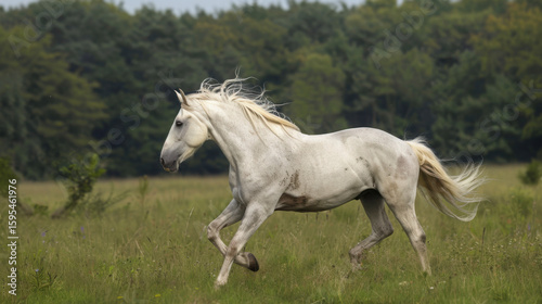 In a vast green pasture, a majestic white stallion gallops freely, its mane flowing like a banner of freedom in the breeze—capturing power, grace, and wild spirit in motion...