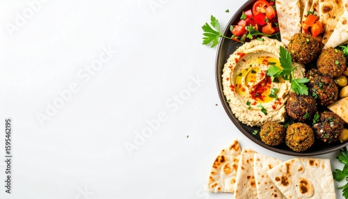 Delicious Middle Eastern mezze platter with falafel hummus pita bread and fresh salad