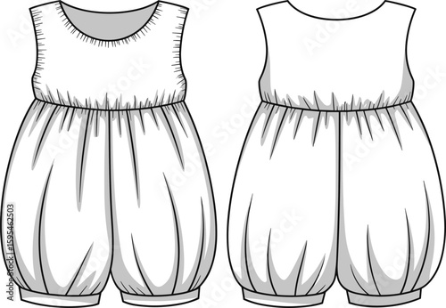 Sleeveless baby romper technical sketch with gathered bodice, yoke detail, tapered legs, shoulder button, cad drawing flat vector illustration
