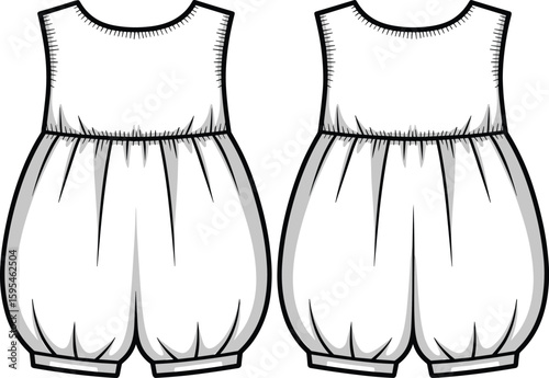 Sleeveless baby romper fashion sketch front and back view with gathered bodice, tapered legs, yoke detail, cad drawing flat vector illustration