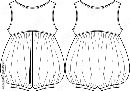 Sleeveless baby romper fashion sketch front and back view with gathered bodice, yoke detail, shoulder button closure, cad drawing flat vector illustration