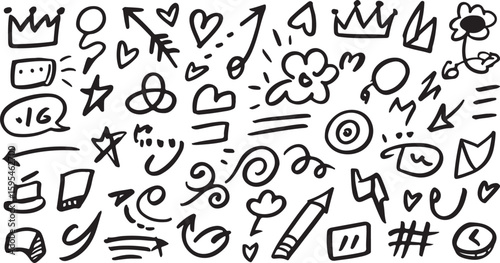 Black hand drawn doodles crowns hearts arrows flowers and symbols black and white icons