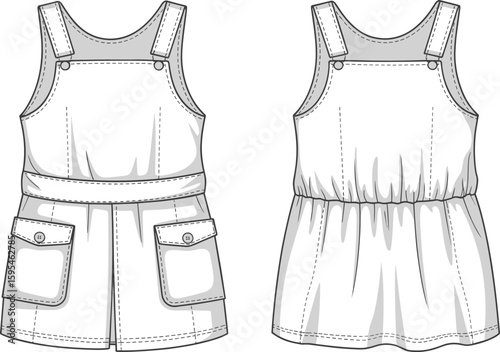 Children’s romper technical sketch with patch pockets, elastic back waist, front button detail, cad drawing flat vector illustration template