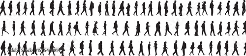 Diverse human silhouettes walking in procession people black