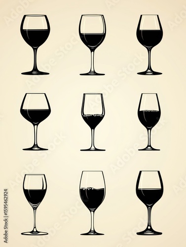 Collection of Elegant Wine Glasses: A Vintage-Style Illustration