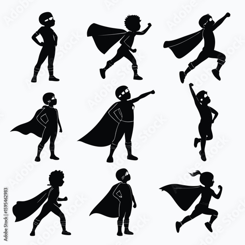 Diverse superhero kids in action poses children silhouettes