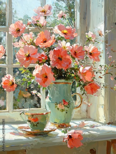 Sunlit Floral Still Life: A Bouquet of Peach Blossoms in a Vintage Pitcher