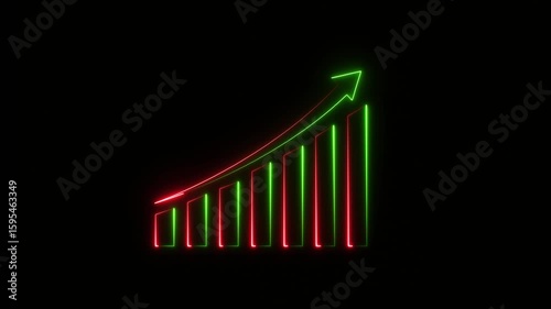 Neon bar chart animation showing upward trend and growth with green arrow on black background