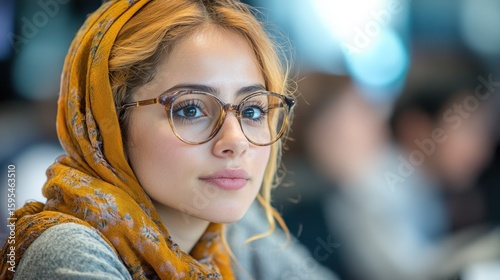 Portrait of a Young Woman Wearing a Mustard Yellow Scarf and Glasses