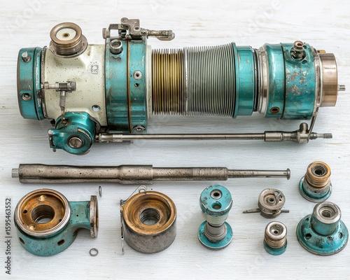Disassembled Vintage Teal and White Mechanism,Detailed Close-up of  Antique Mechanical Device Components