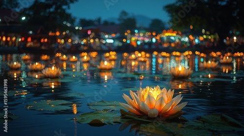 Enchanted Night: Floating Lotus Lanterns Illuminate Calm Waters