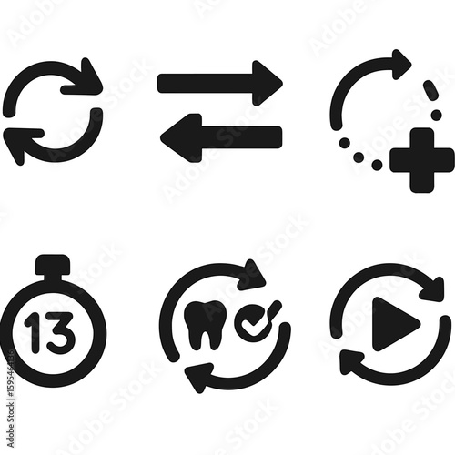 Loop and Repeat Icons. Solid style icons of repeat and loop options: loop icon, repeat every day, interval reset, repeat count,