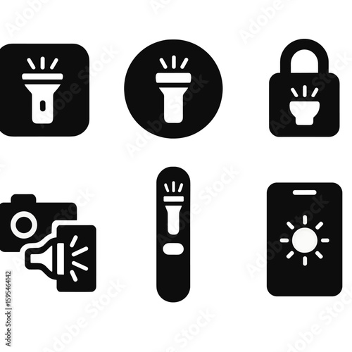 Mobile Flashlight Icons. Solid style icons of mobile flashlight UI: flashlight app icon, quick toggle, widget icon, lockscreen