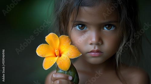 A Serene Portrait of a Young Girl Holding a Yellow Flower