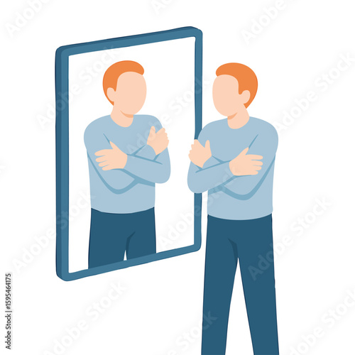 Isometric Flat Illustration of Man Standing in Front of Mirror Character