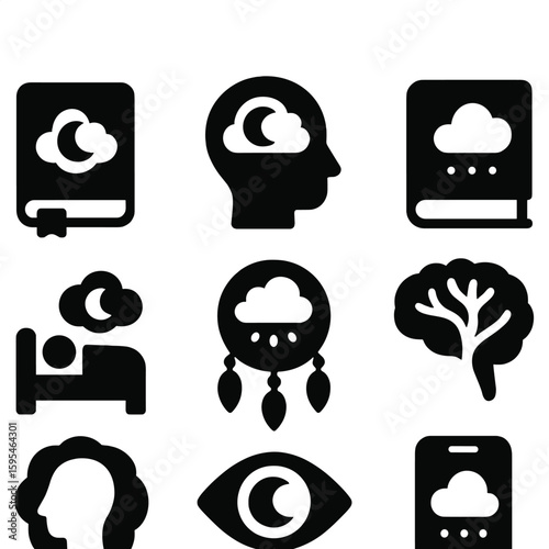 Dream Icon Collection. Solid style icons of dream and subconscious: dream log icon, lucid dreaming badge, dreamcatcher symbol,