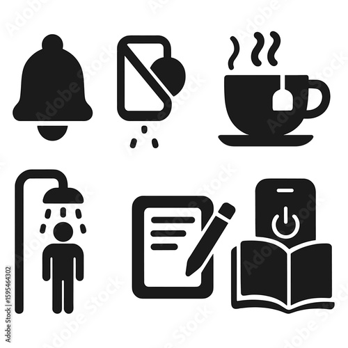 Bedtime Prep Icons. Solid style icons of bedtime preparation: bedtime reminder, no screen icon, dim lights symbol, relaxing tea