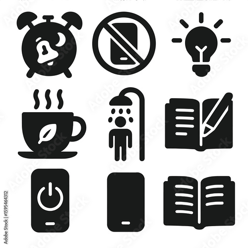 Bedtime Prep Icons. Solid style icons of bedtime preparation: bedtime reminder, no screen icon, dim lights symbol, relaxing tea
