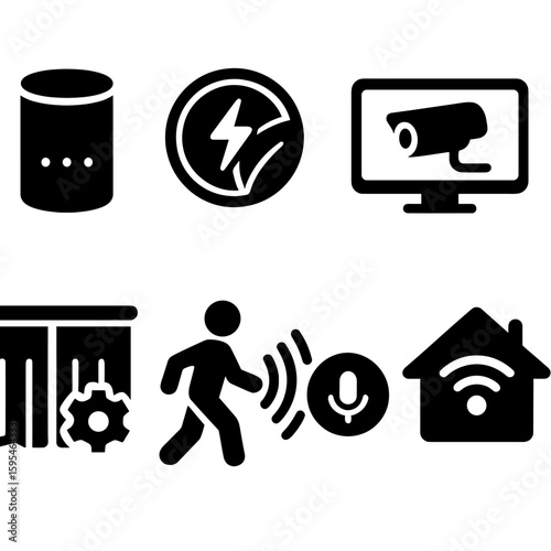 Smart Home Icons. Solid style icons of smart home automation: smart speaker icon, energy saving badge, security camera feed icon,