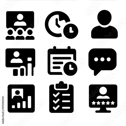 Virtual Event Icons. Solid style icons of virtual event management: virtual auditorium, session timer, attendee profile, chat