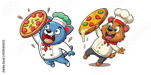 Funny Chef Bear Dropping Giant Pizza Vector – Cartoon Cooking Animal Character in Shock – Culinary Comedy Illustration – Food Humor Clipart for Kitchen Designs