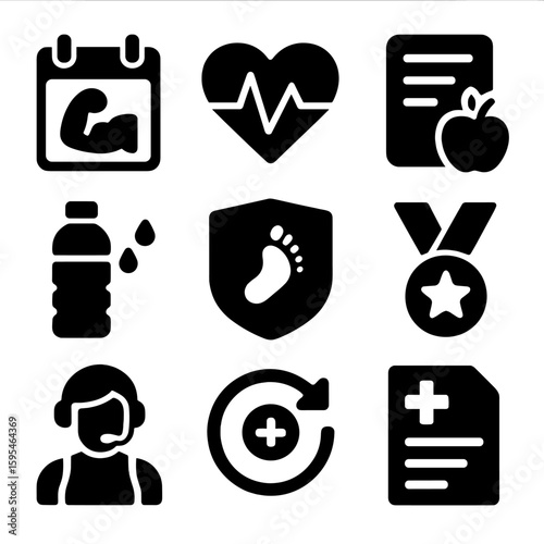 Health & Fitness Icons. Solid style icons of health and fitness apps: workout schedule, heart monitor, diet log, water reminder,