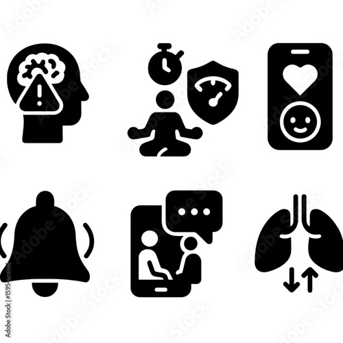 Digital Mental Health Icons. Solid style icons of digital mental health support: mental health alert, meditation timer, stress