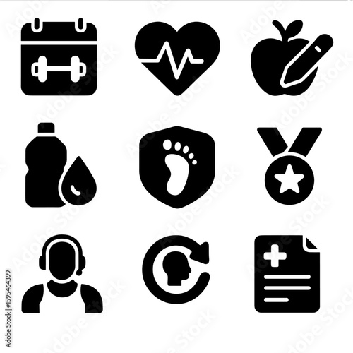 Health & Fitness Icons. Solid style icons of health and fitness apps: workout schedule, heart monitor, diet log, water reminder,