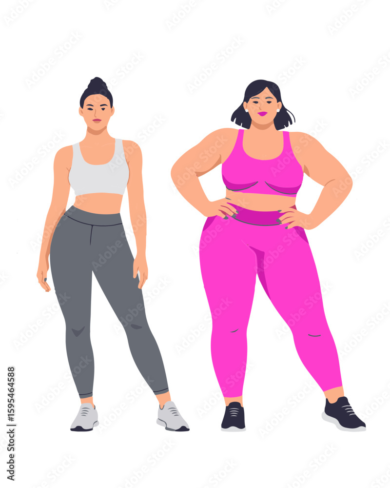 Two women in athletic wear, one slim and one plus size, showcasing body positivity. Two women in athletic wear, one slim and one plus size, showcasing body positivity.