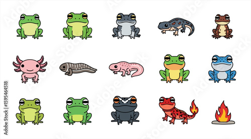 Collection of Cartoon Amphibians and Salamanders Vector Set  - Icon Sheet