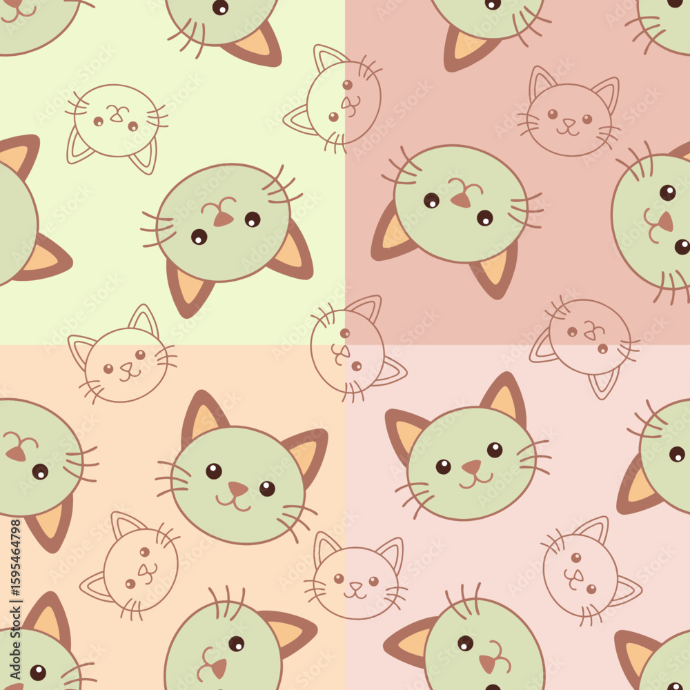 Obraz premium Seamless pattern of cute cartoon cat faces in soft pastel tones over four pink square blocks. Features outlined and filled cat heads. Perfect for kids’ products, textiles, and stationery design.