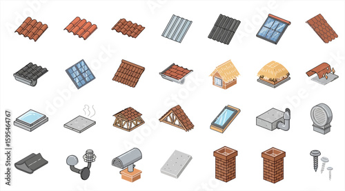 Assorted Roof Types A Variety of Roofing Material Illustrations - Icon Sheet