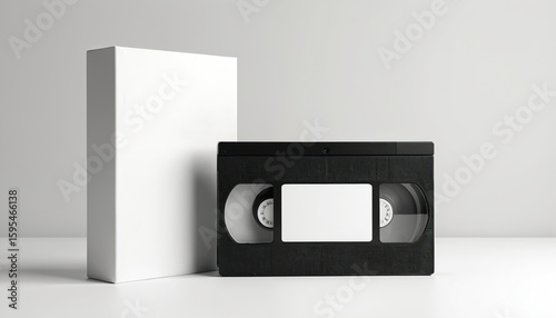 Realistic VHS tape and blank case mockup. Minimalist design, retro theme. Plastic cassette with label ready for custom artwork, branding. High-quality presentation for vintage media.