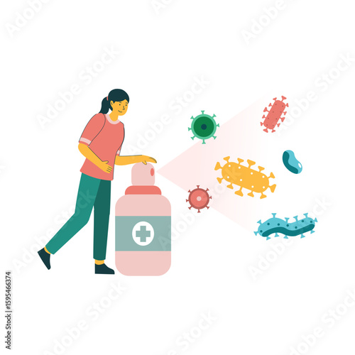 a woman spraying germicide, typically illustrated with a female character holding a spray bottle, applying disinfectant to surfaces. The animation often includes visual cues like mist, virus or germ i