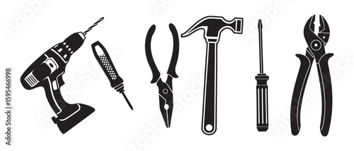 Collection of common hand tools and power drill in black and white silhouette