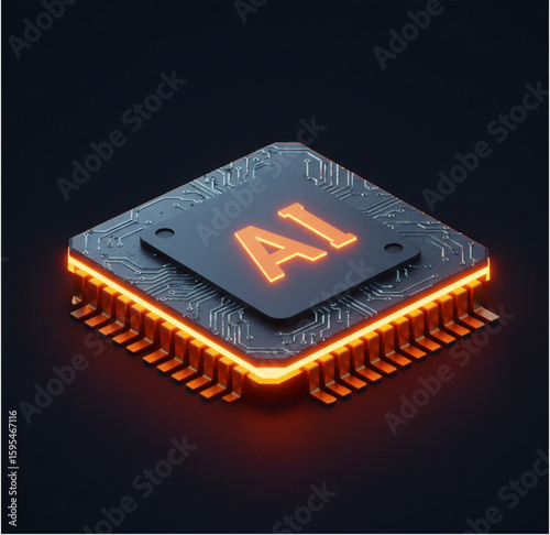 Close up of a glowing ai chip with orange lettering on a dark background and circuit details