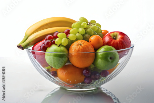Glass Bowl Filled with Fresh Assorted Fruits on White Background – Bananas, Apples, Oranges, and Grapes