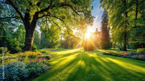 Fototapeta Naklejka Na Ścianę i Meble -  Lush parkland bathed in golden sunlight.
