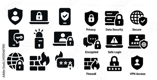 Collection of icons for security and privacy. The icons include a laptop, a phone, a computer, a brick wall, a fire, a person, a key, a shield, a globe, a star, and a check mark