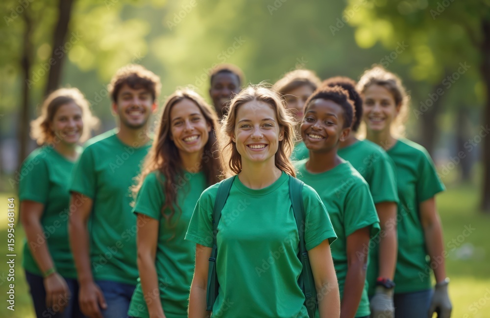Diverse group of smiling volunteers, young, old, wear green shirts in park. Community members clean environment, collecting rubbish for altruistic project. Social effort promotes ecology, teamwork. Diverse group of smiling volunteers, young, old, wear green shirts in park. Community members clean environment, collecting rubbish for altruistic project. Social effort promotes ecology, teamwork.