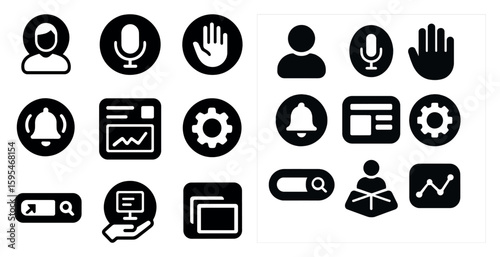 Set of icons for a computer program. The icons include a microphone, a hand, a bell, a gear, a person, a book, a computer mouse, a keyboard, a computer monitor
