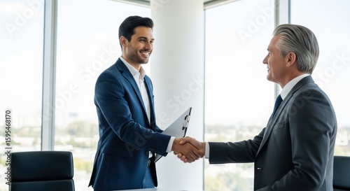 Two professional businessmen in suits smile while shaking hands to finalize an agreement in a modern office.